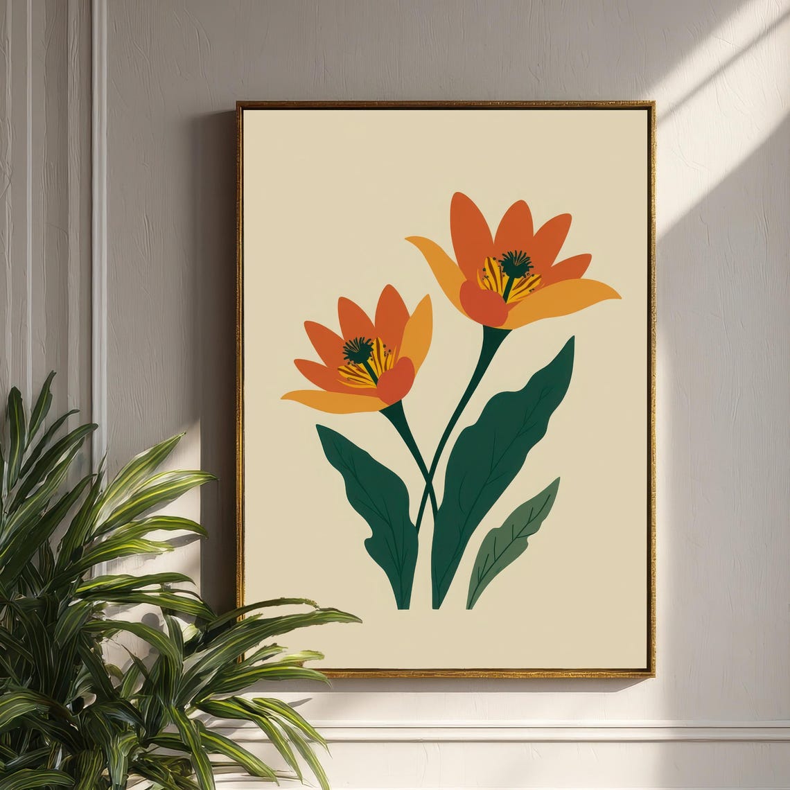 Two Sunny Orange Blooms Minimalist Modern Botanical Art Print