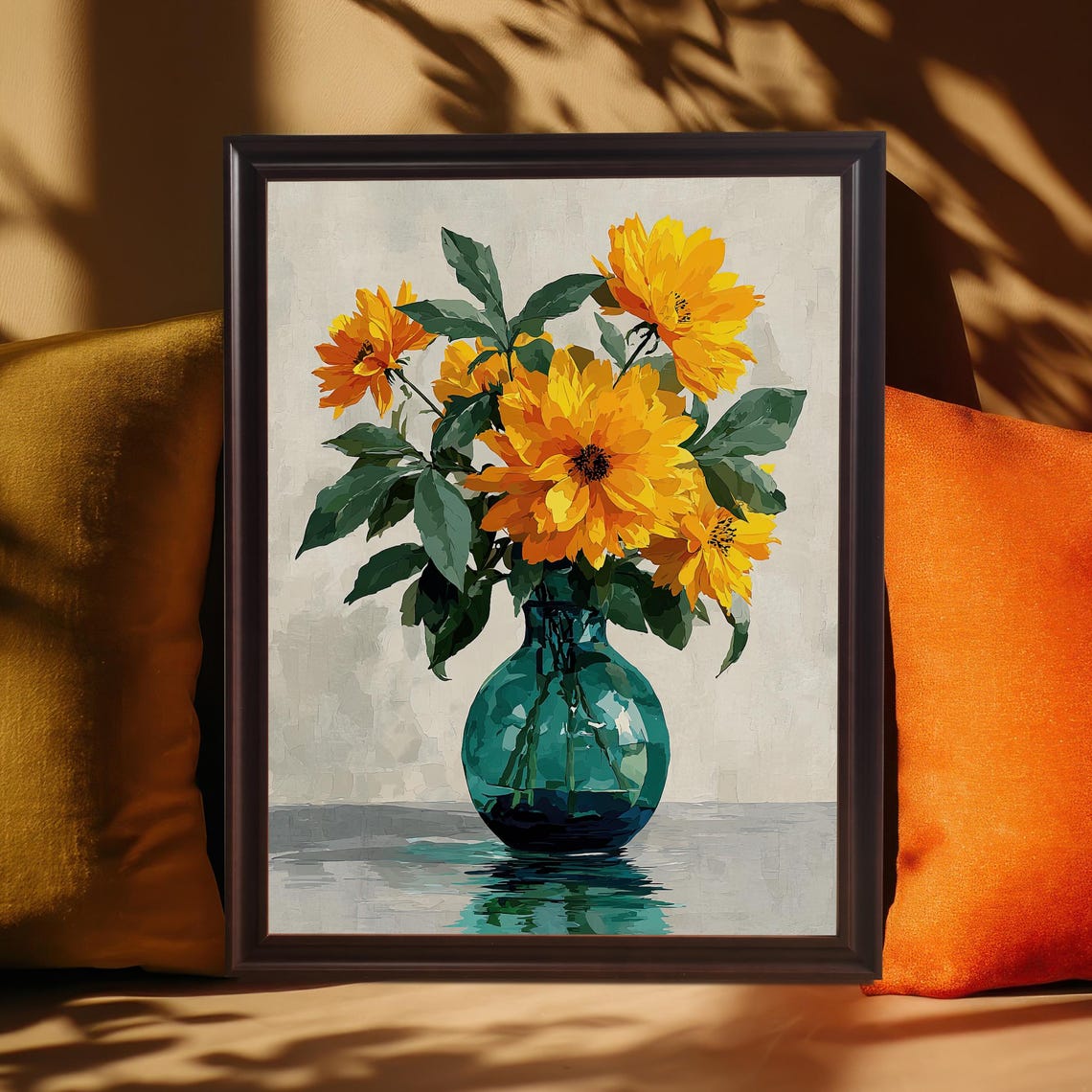 Yellow Chrysanthemums in a Teal Glass Vase Still Life Art Poster