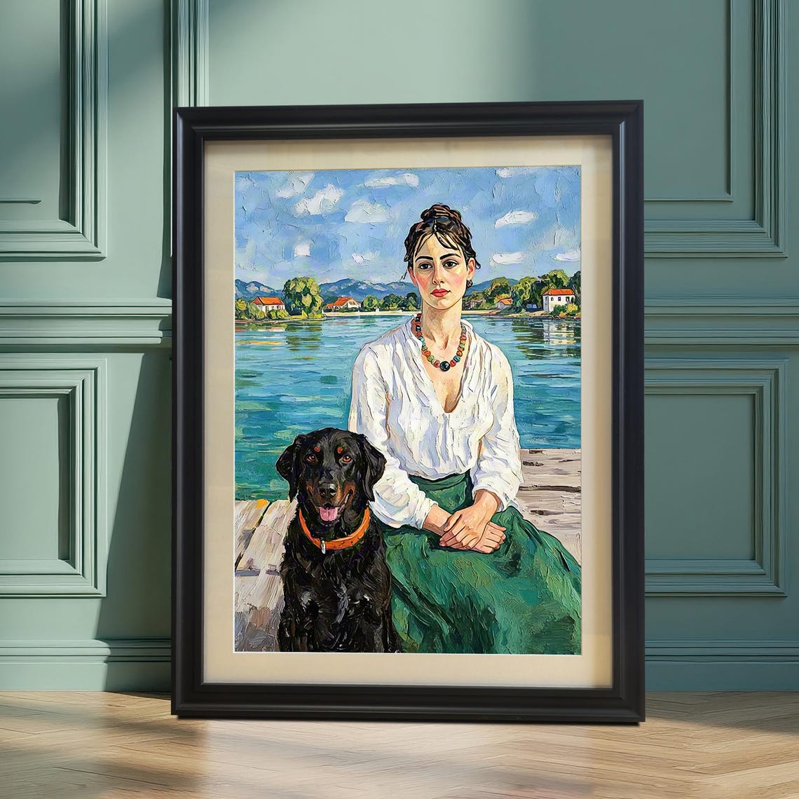 Woman And Dog By Lake Art Print