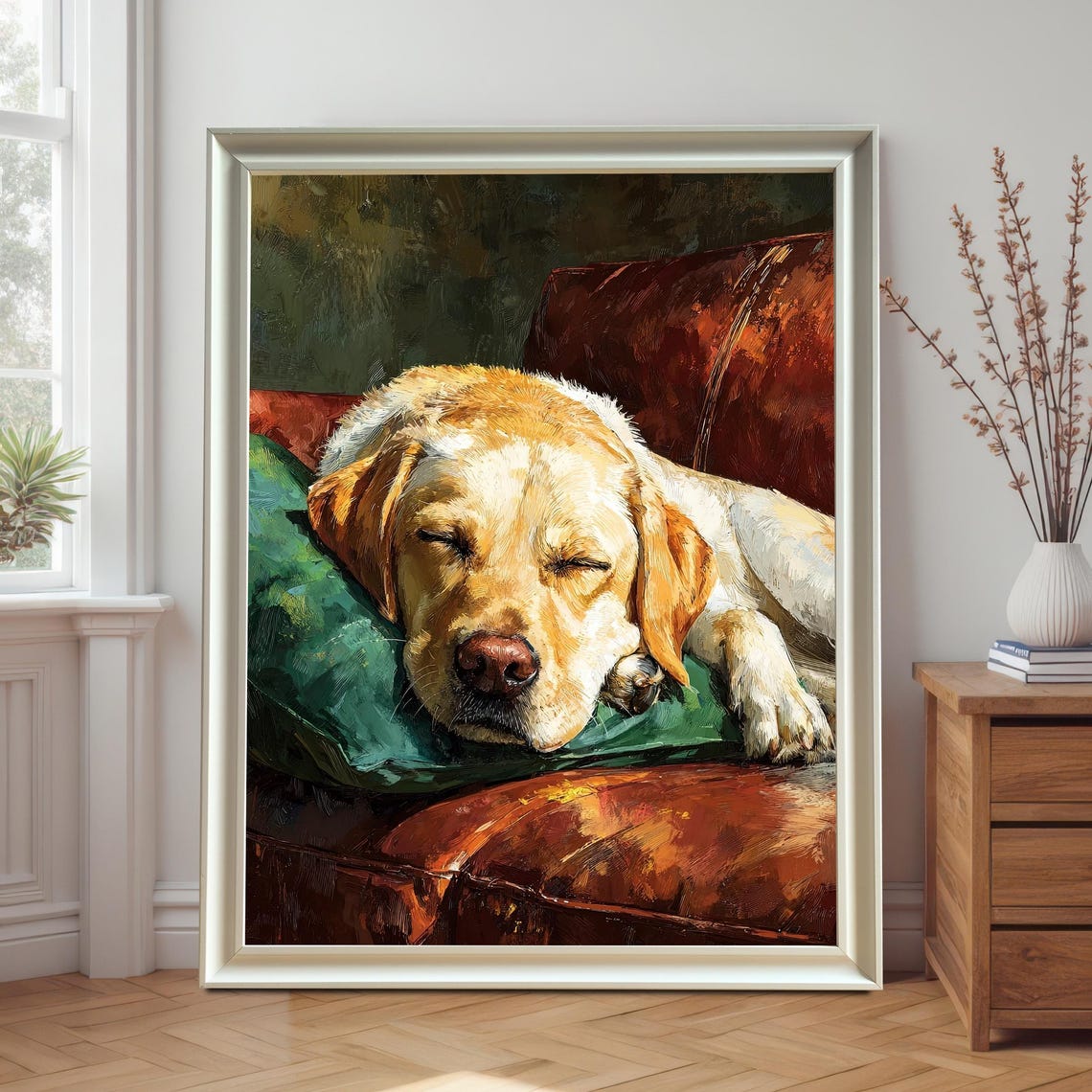 Sleeping Yellow Labrador On Leather Couch Pet Portrait Poster