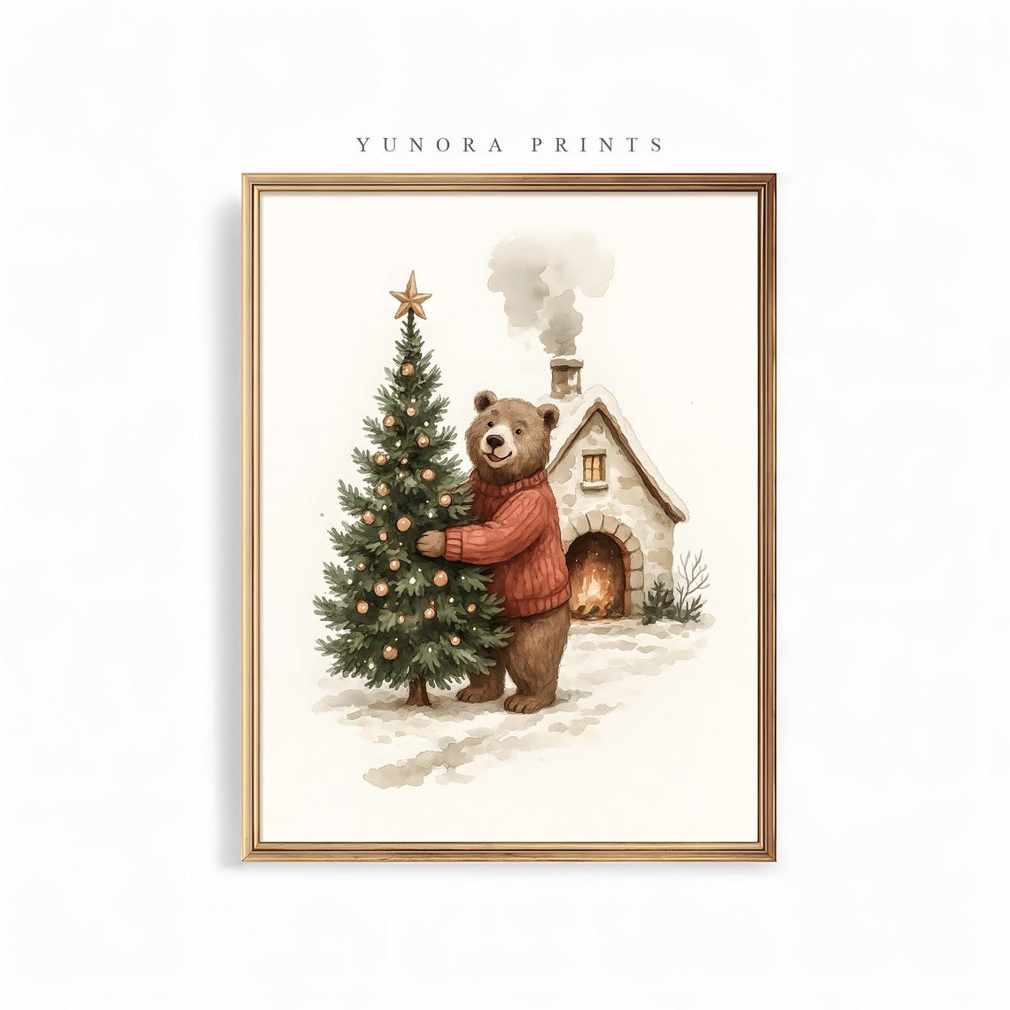 Cute Bear Hugging Christmas Tree Snowy Cabin Cozy Holiday Poster