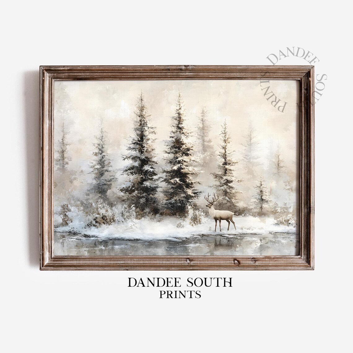 Winter Landscape Art Print, Snowy Forest And Deer