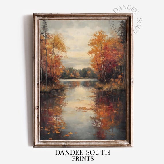 Fall Landscape Wall Art Vintage Autumn Country Lake Painting Rustic Thanksgiving Decor 656