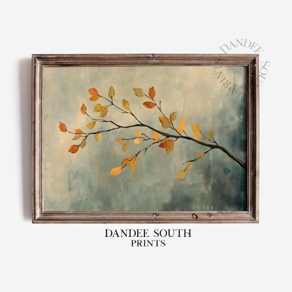 Rustic Fall Branch With Leaves Wall Art Vintage Autumn Farmhouse Decor Thanksgiving Print 570