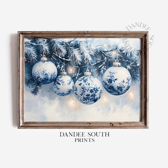 Blue Toile Christmas Ornaments Snowy Pine Branches Holiday Poster