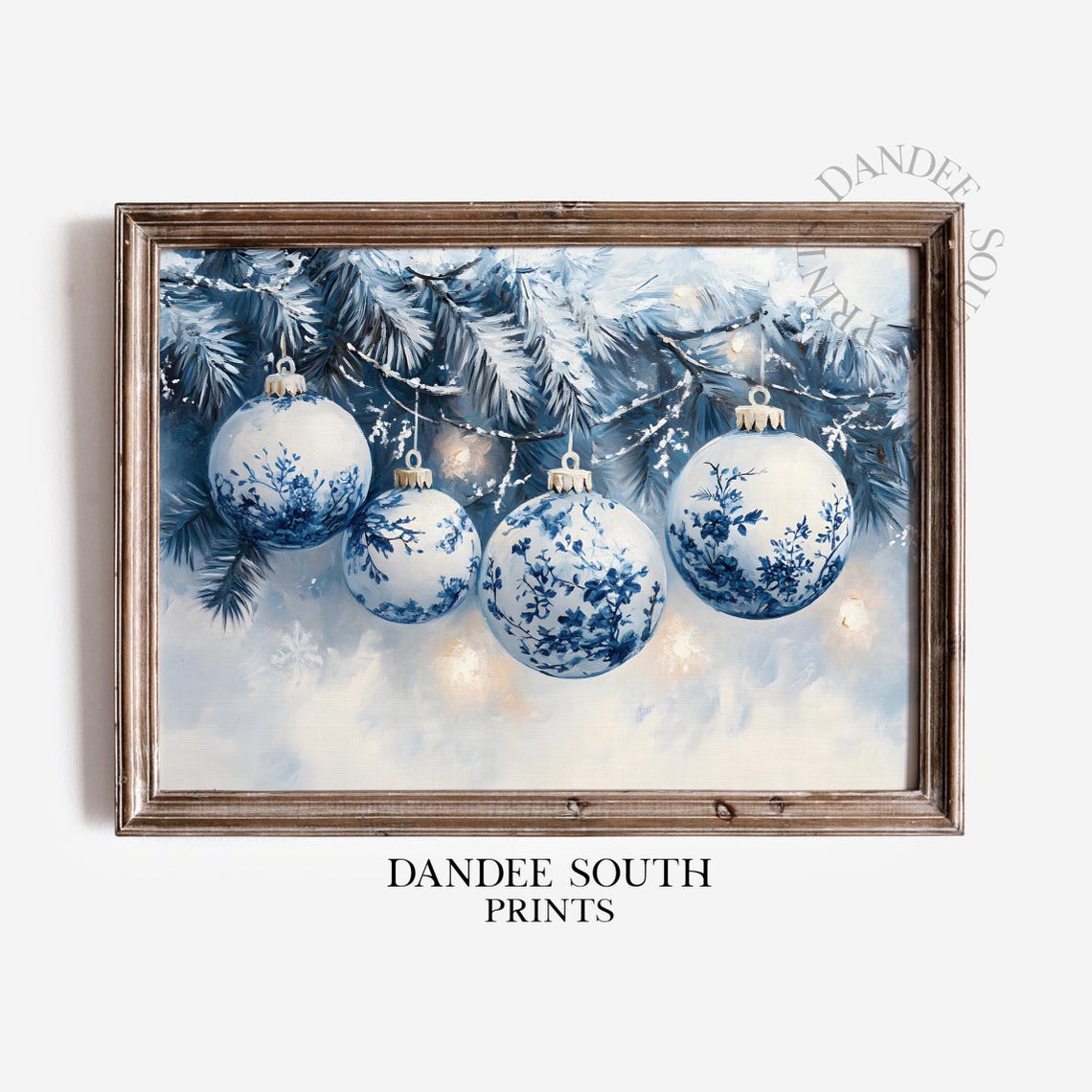 Blue Toile Christmas Ornaments Snowy Pine Branches Holiday Poster