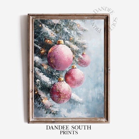 Pink Christmas Baubles Gold Accents Snowy Branch Vintage Painting Poster