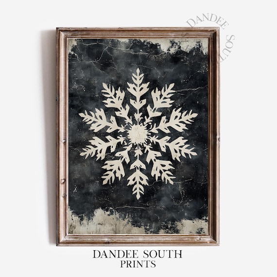 White Snowflake Distressed Black Farmhouse Winter Decor Art Poster