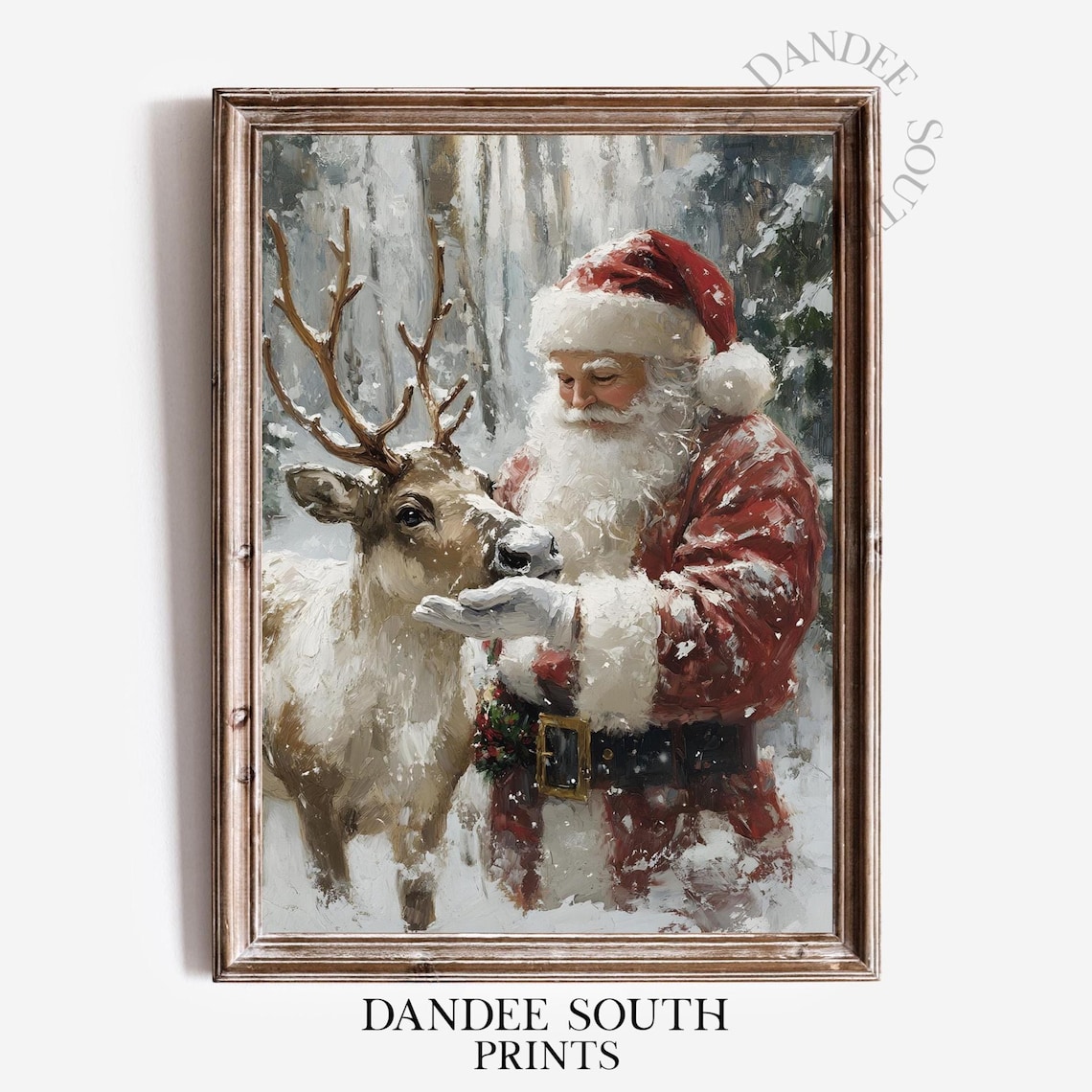 Santa With Reindeer Vintage Christmas Art Print