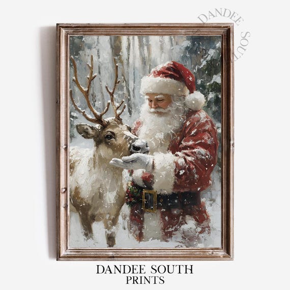 Santa With Reindeer Vintage Christmas Art Print