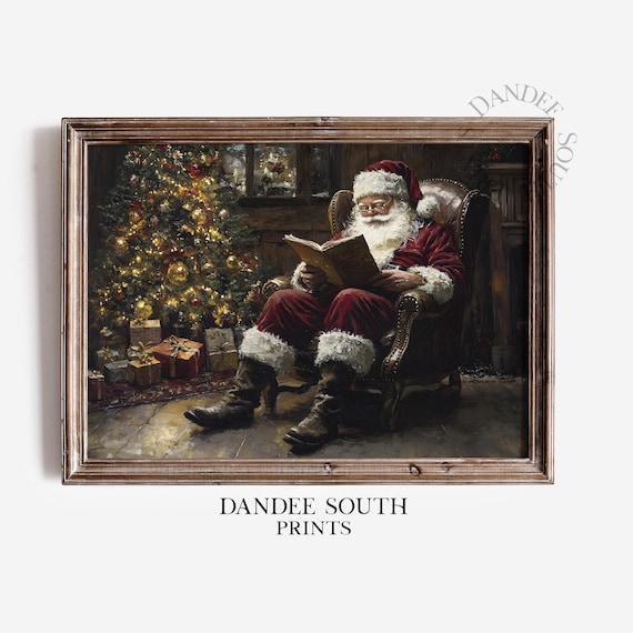 Vintage Santa Reading By Christmas Tree Leather Chair Holiday Wall Art