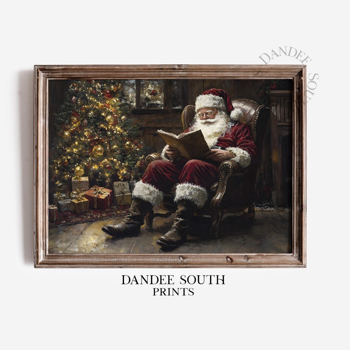 Vintage Santa Reading By Christmas Tree Leather Chair Holiday Wall Art