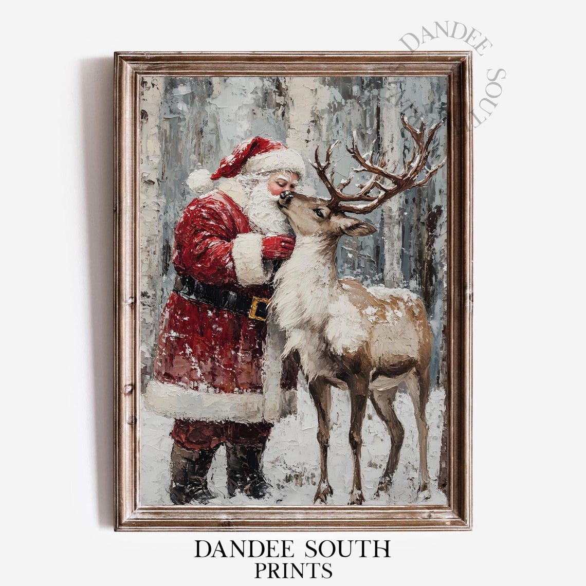 Santa Claus Kissing Reindeer Snowy Forest Christmas Art Poster