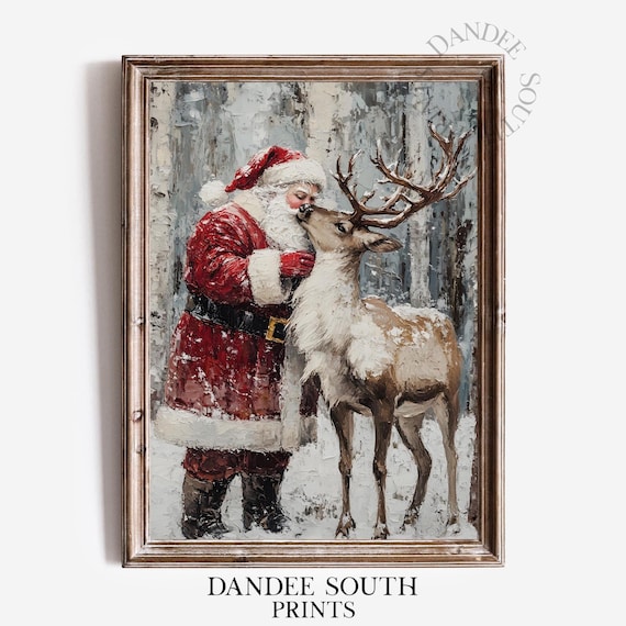 Santa Claus Kissing Reindeer Snowy Forest Christmas Art Poster