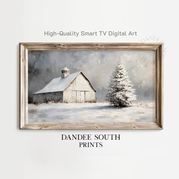 White Barn in Snow Winter Evergreen Tree Farmhouse Art Poster