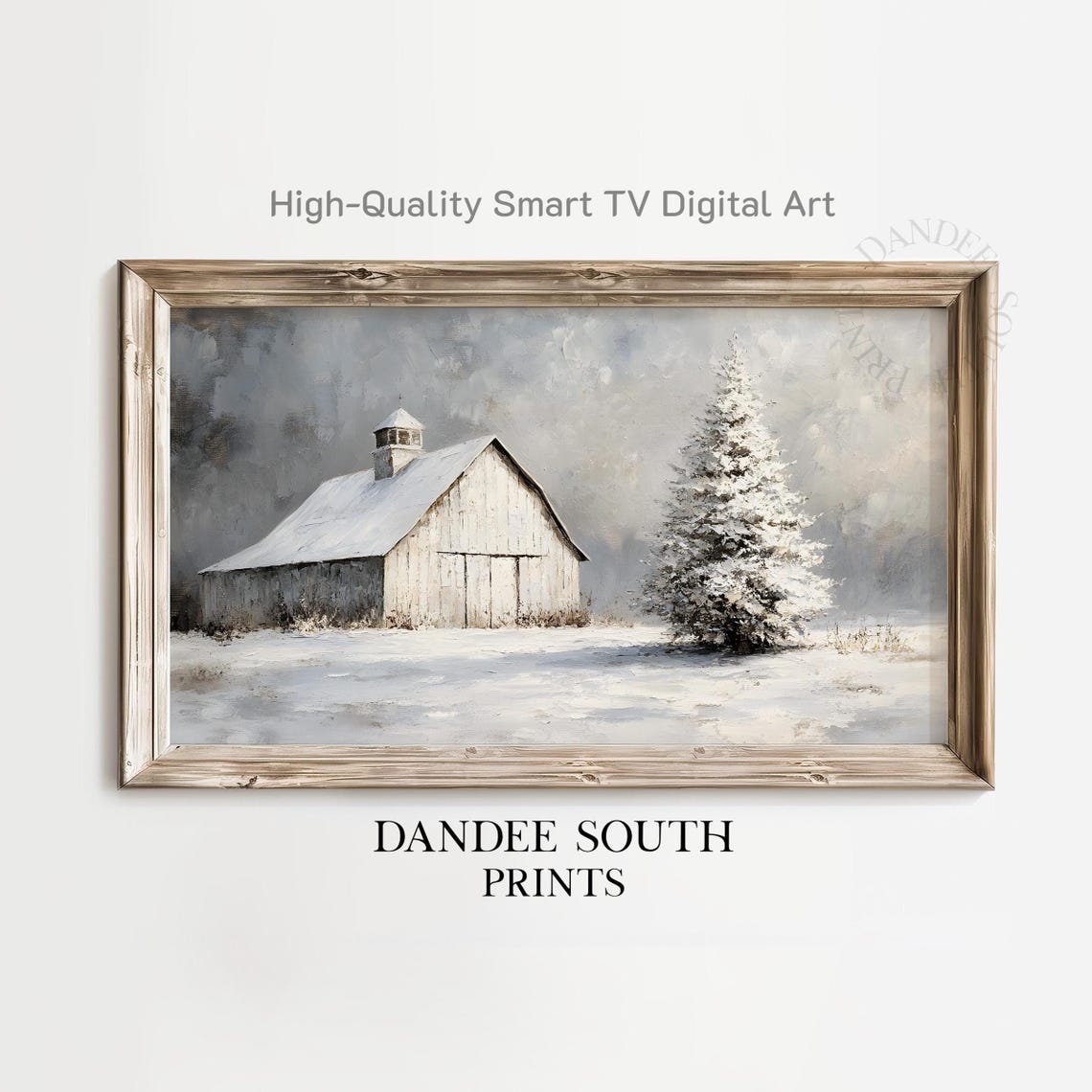 White Barn in Snow Winter Evergreen Tree Farmhouse Art Poster
