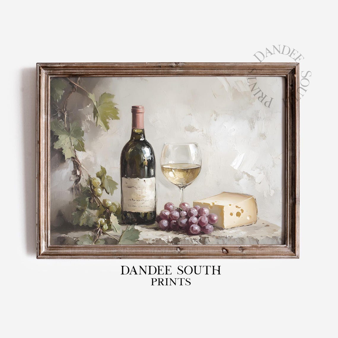 White Wine Glass Bottle Grapes Cheese Vine Rustic Still Life Poster