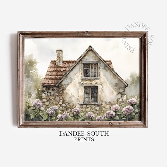 Stone Cottage Hydrangeas Watercolor Vintage Country House Garden Poster