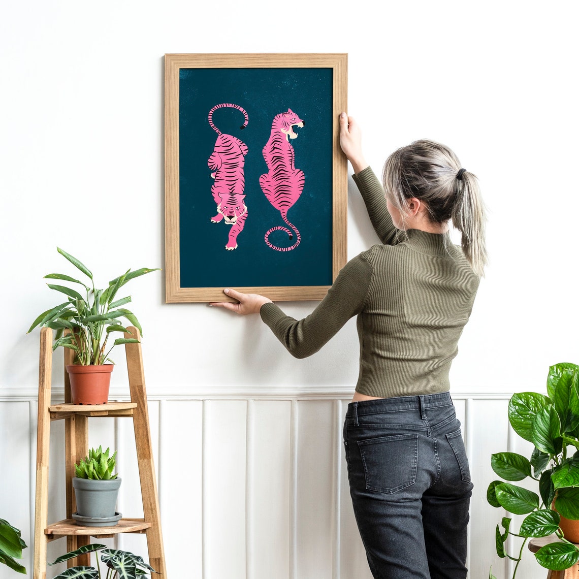 Pink Tiger Duo on Teal Background Mid Century Animal Art Poster - Image 2
