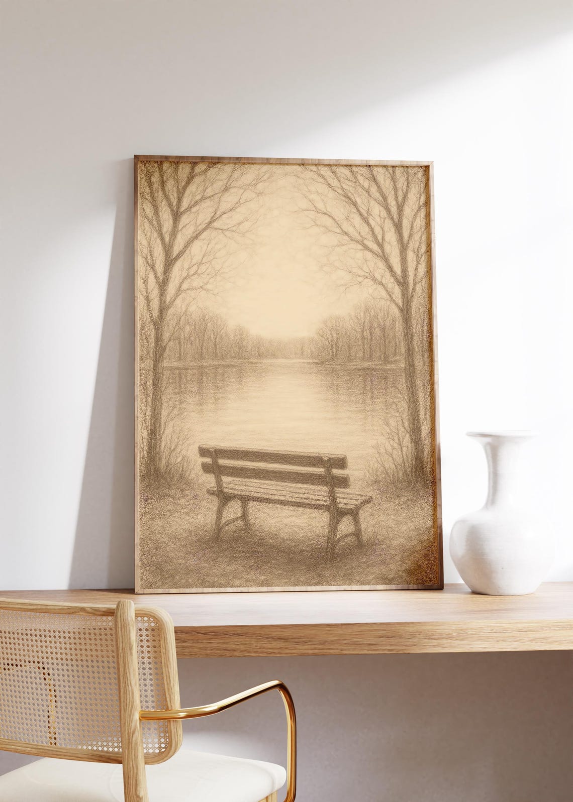 Empty Bench by Still Lake Sepia Sketch Bare Winter Trees Print