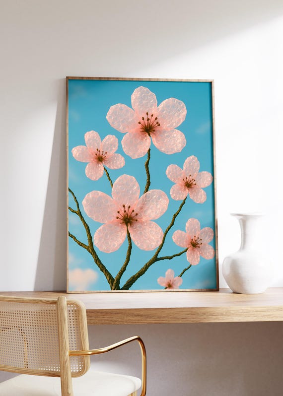 Cherry Blossom Wall Art Print Pink Bubble Wrap Flower Poster Playful Spring Decor Quirky Natureinspired Artwork