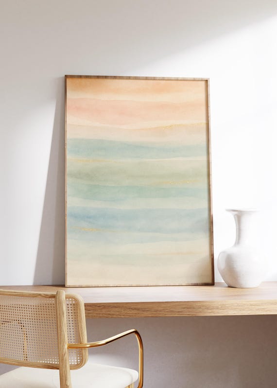 Soft Horizon Wall Art Print Pastel Color Wavesgold Accent Linescalm Watercolor Layerstranquil Modern Stylelight Abstract Flow