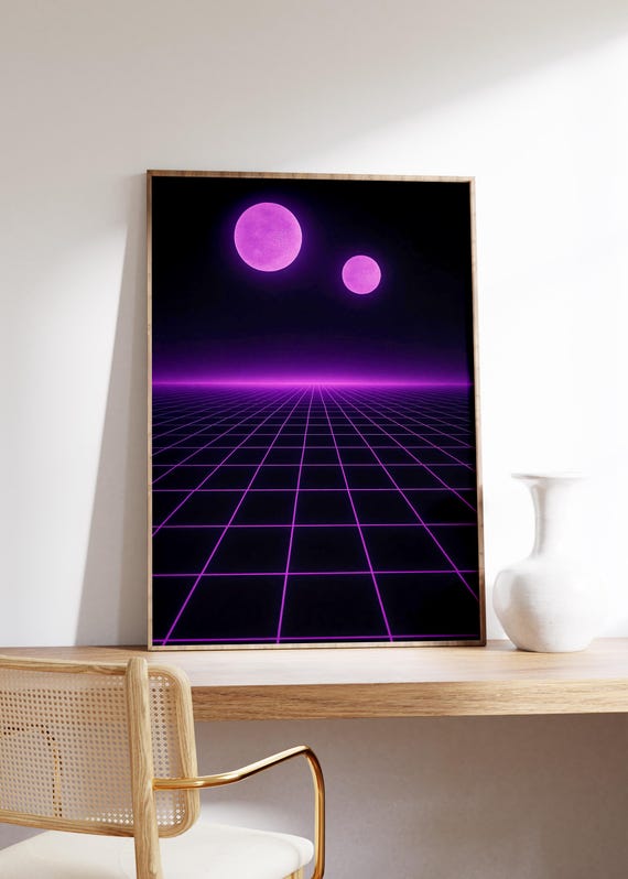 Purple Grid Moons Wall Art Print Endless Neon Horizon Twin Vaporwave Dreamscape Synthwave Glow Retro Scifi Surrealism