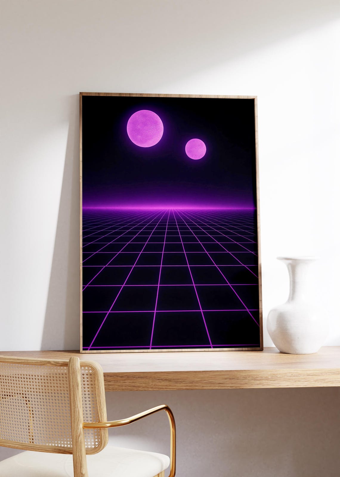 Two Purple Moons Over Neon Grid Horizon Retro Synthwave Poster