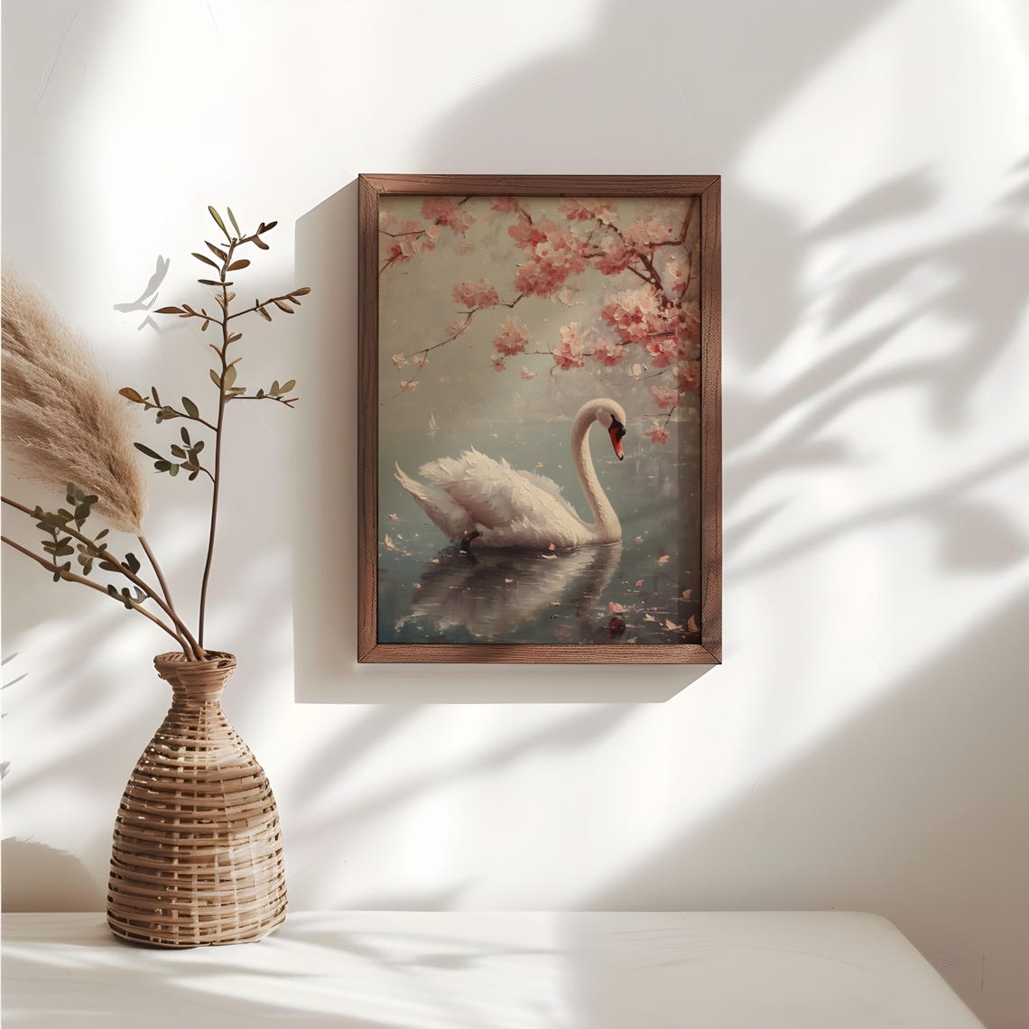 White Swan on Still Water Under Cherry Blossoms Serene Painting Poster - Image 2