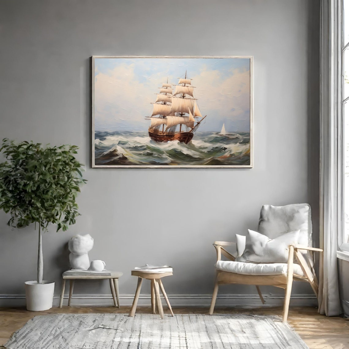 Antique Sailboat Oil Painting Lake House Print Nautical Seascape Wall Art Vintage Landscape Ocean Poster Farmhouse Decor - Image 2