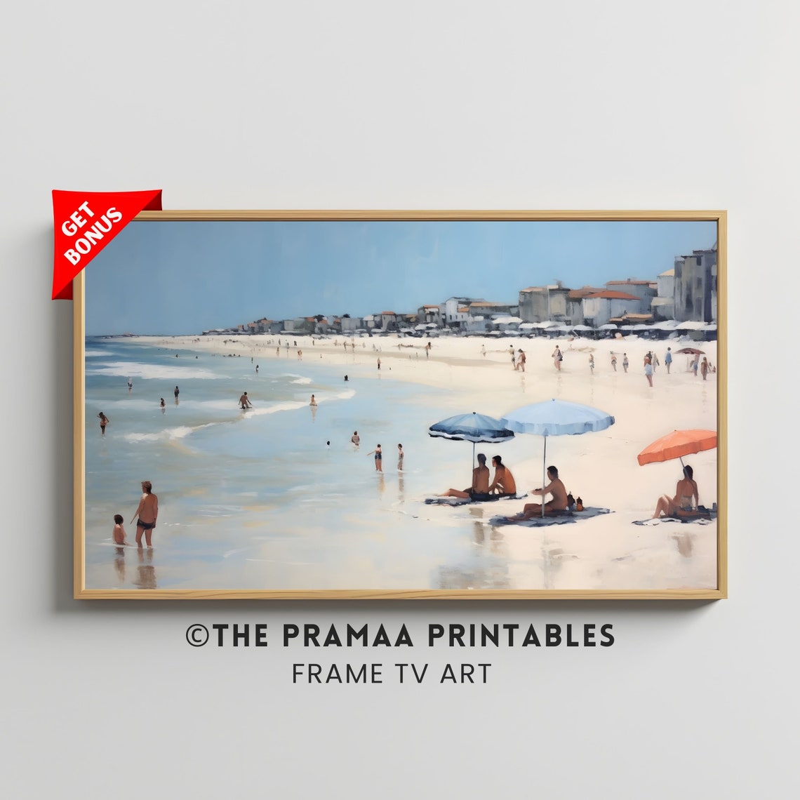 Summer Beach Umbrellas Coastal Town Vintage Seaside Scene Poster