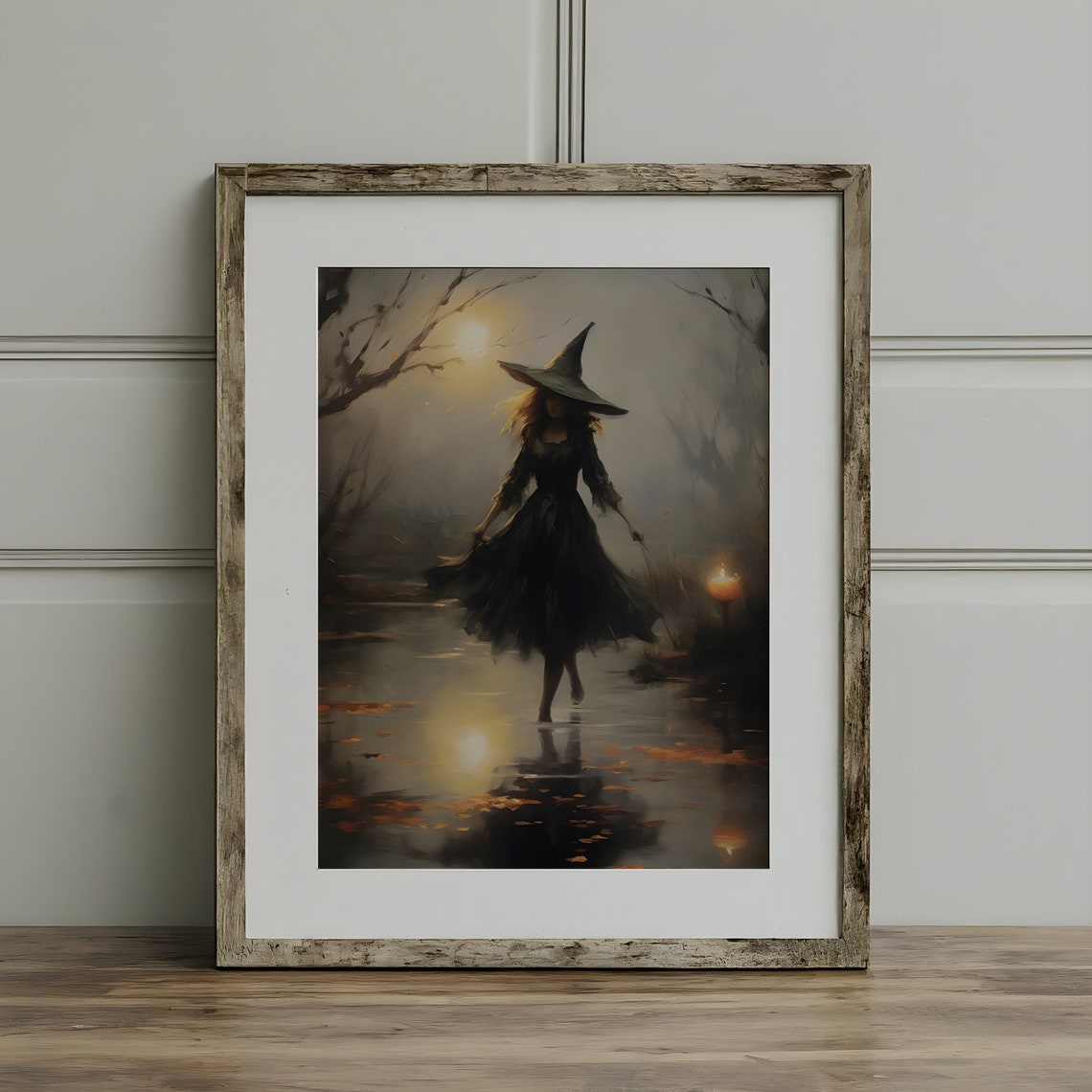 Witch Crossing Moonlit Water Night Mist Broomstick Forest Poster - Image 3