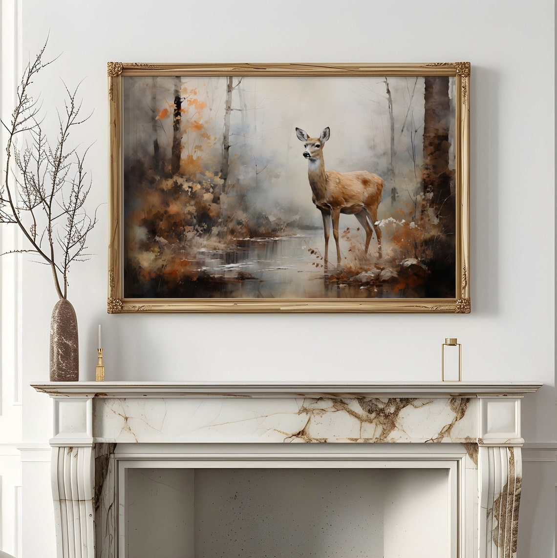 Deer at a Forest Stream Misty Autumn Wildlife Painting Poster - Image 2