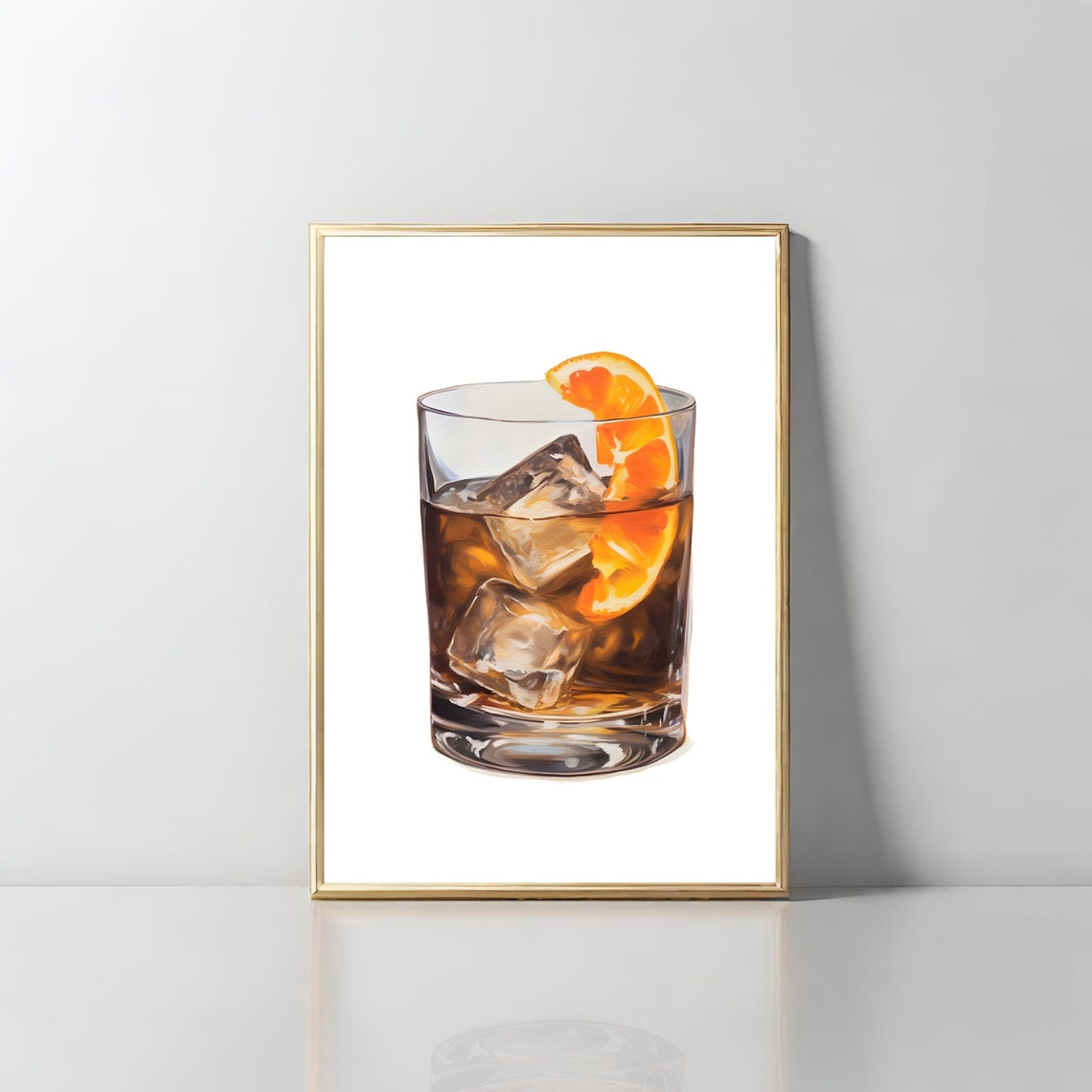 Old Fashioned Whiskey Glass Ice Orange Watercolor Bar Art Print
