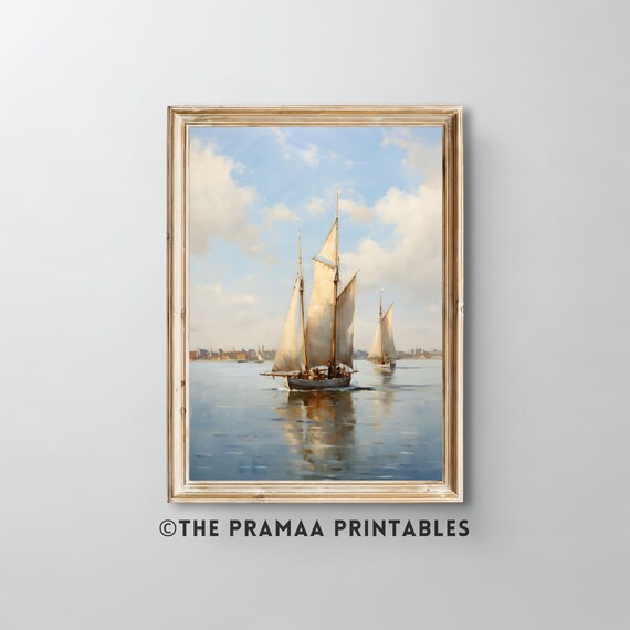 Tall Ship Sailing Calm Sea Classic Nautical Painting Wall Art