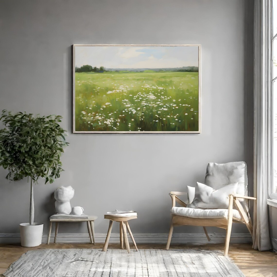 Green Summer Meadow with White Wildflowers Impressionist Painting Poster - Image 3
