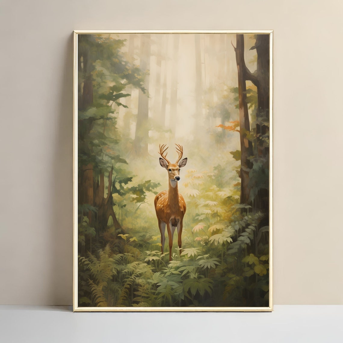 Deer Buck Sunlit Forest Ferns Wildlife Vintage Woodland Poster - Image 3