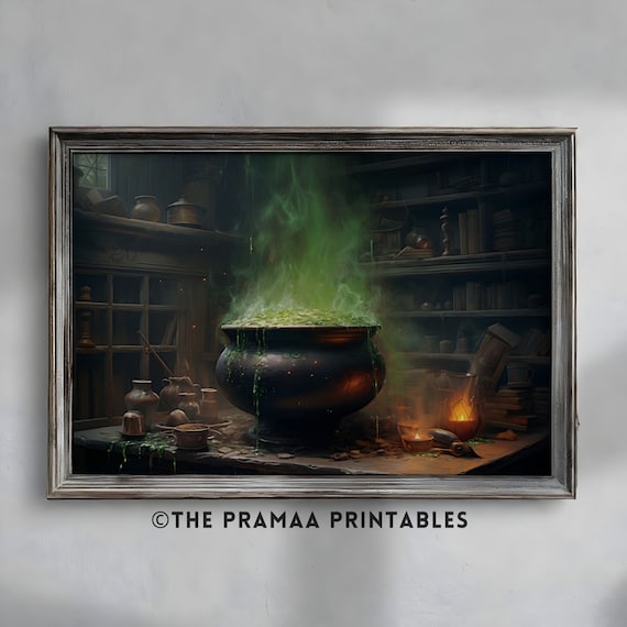 Witch Cauldron with Green Potion Dark Halloween Painting Poster