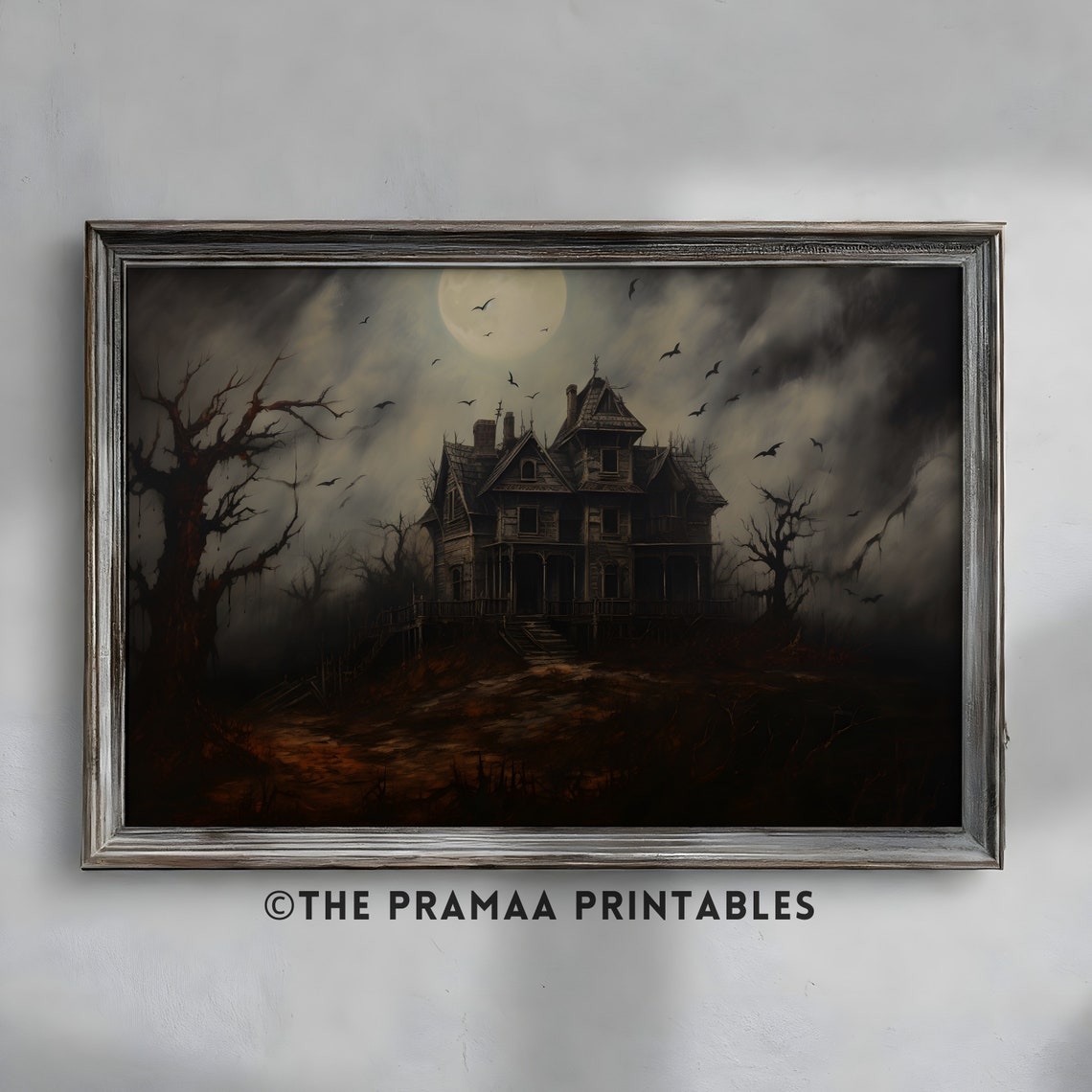 Haunted Victorian Mansion Full Moon Night Crows Spooky Poster