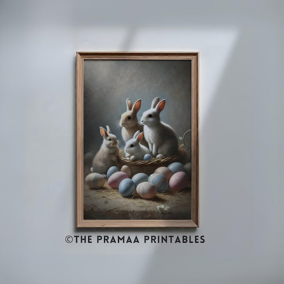 Bunnies With Basket of Pastel Easter Eggs Vintage Spring Poster