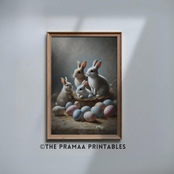 Vintage Easter Bunny Painting Moody Rabbits Wall Art Rustic Woodland Animal Nursery Art Print Pastel Spring Decor Ew13