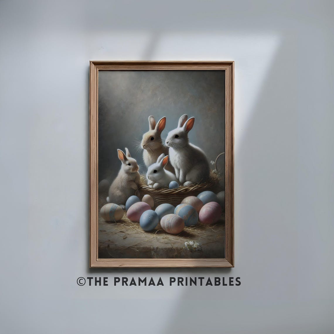 Bunnies With Basket of Pastel Easter Eggs Vintage Spring Poster