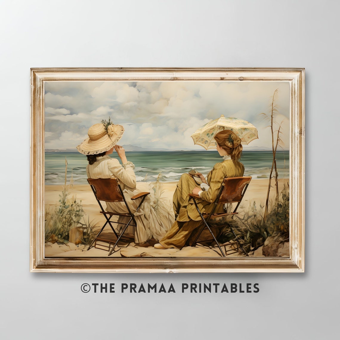 Two Victorian Ladies on the Beach with Parasol Vintage Painting Poster