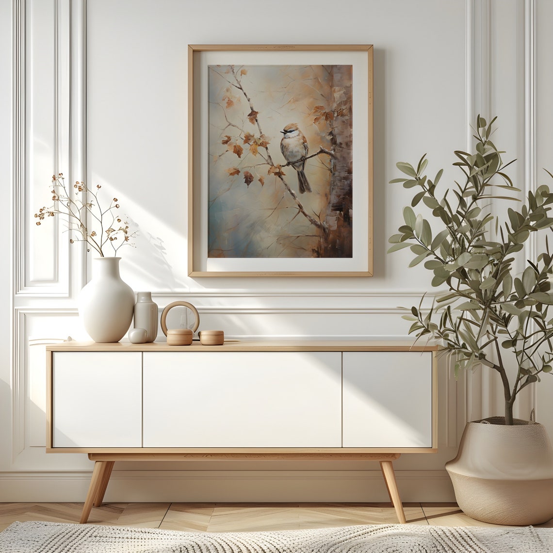 Small Bird on Autumn Branch Muted Watercolor Painting Poster - Image 2