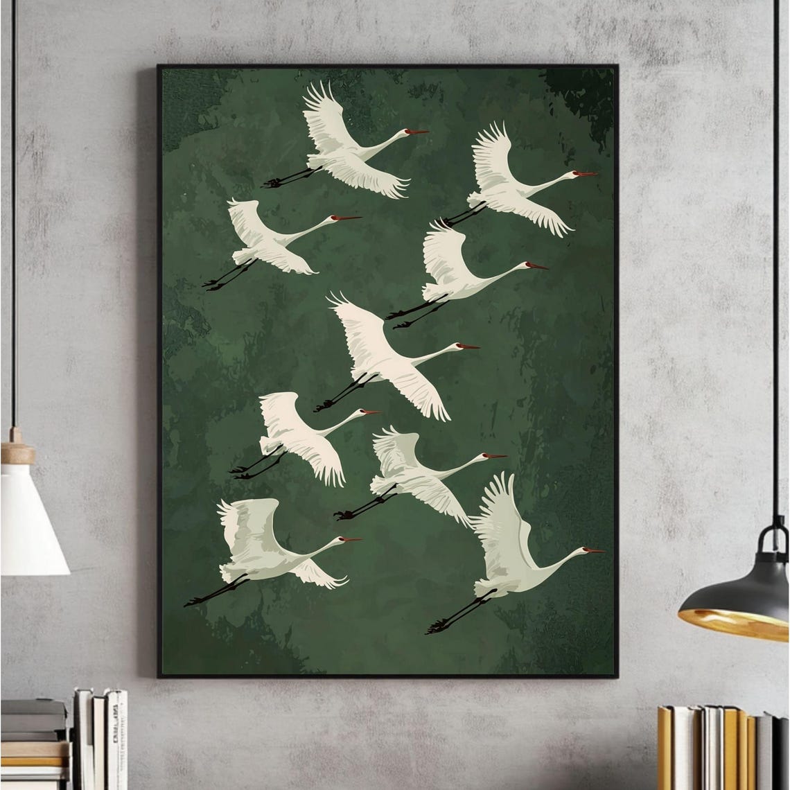 Nine White Cranes Flying Japandi Botanical Bird Serene Nature Wall Art