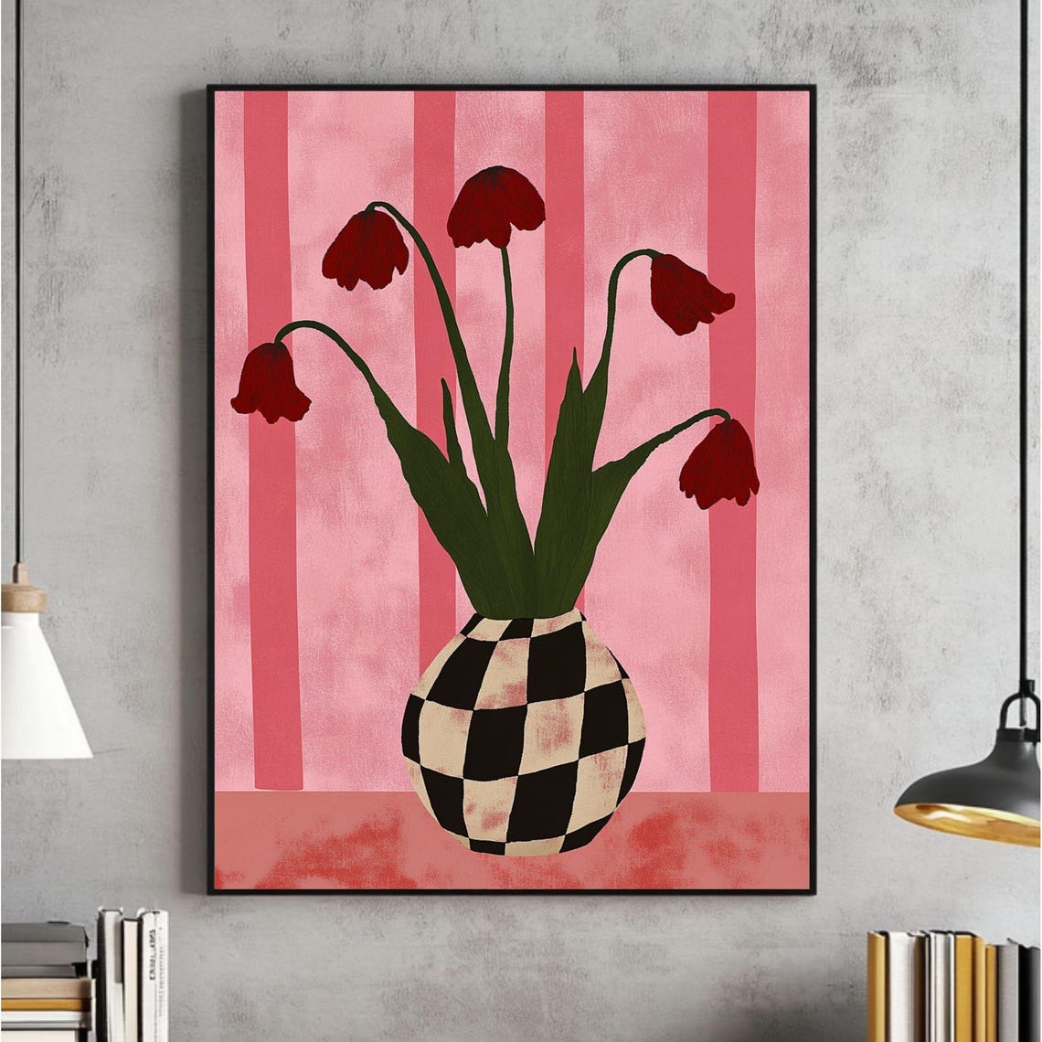 Red Tulips in Checkered Vase Pink Stripes Modern Floral Decor Poster