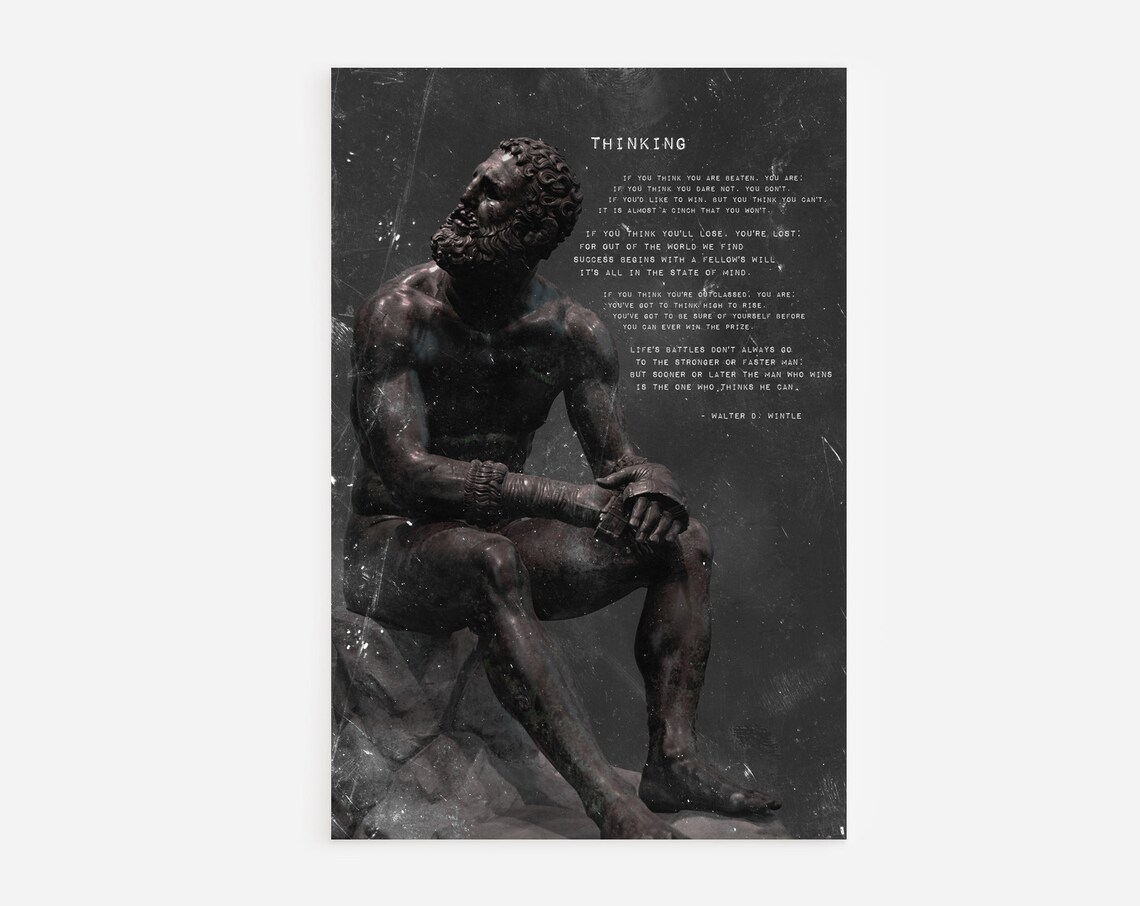 Thinking Poem Boxer Statue Motivational Grit Mindset Art Poster