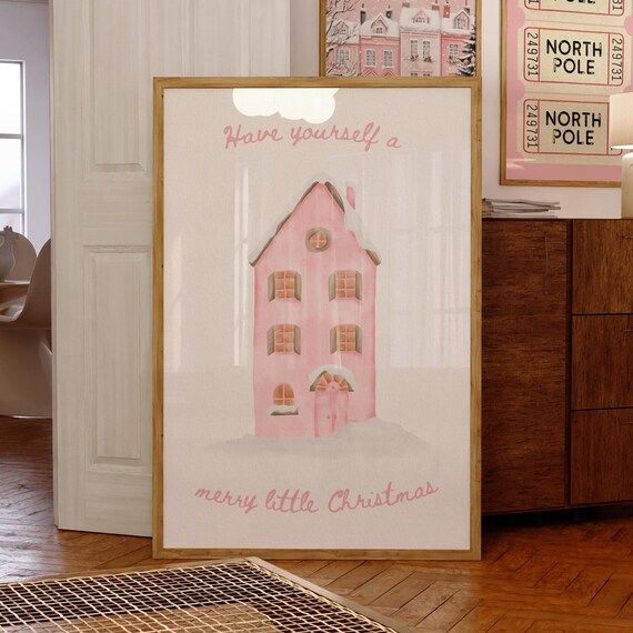 Pink Snowy Christmas House Watercolor Cozy Holiday Village Wall Art