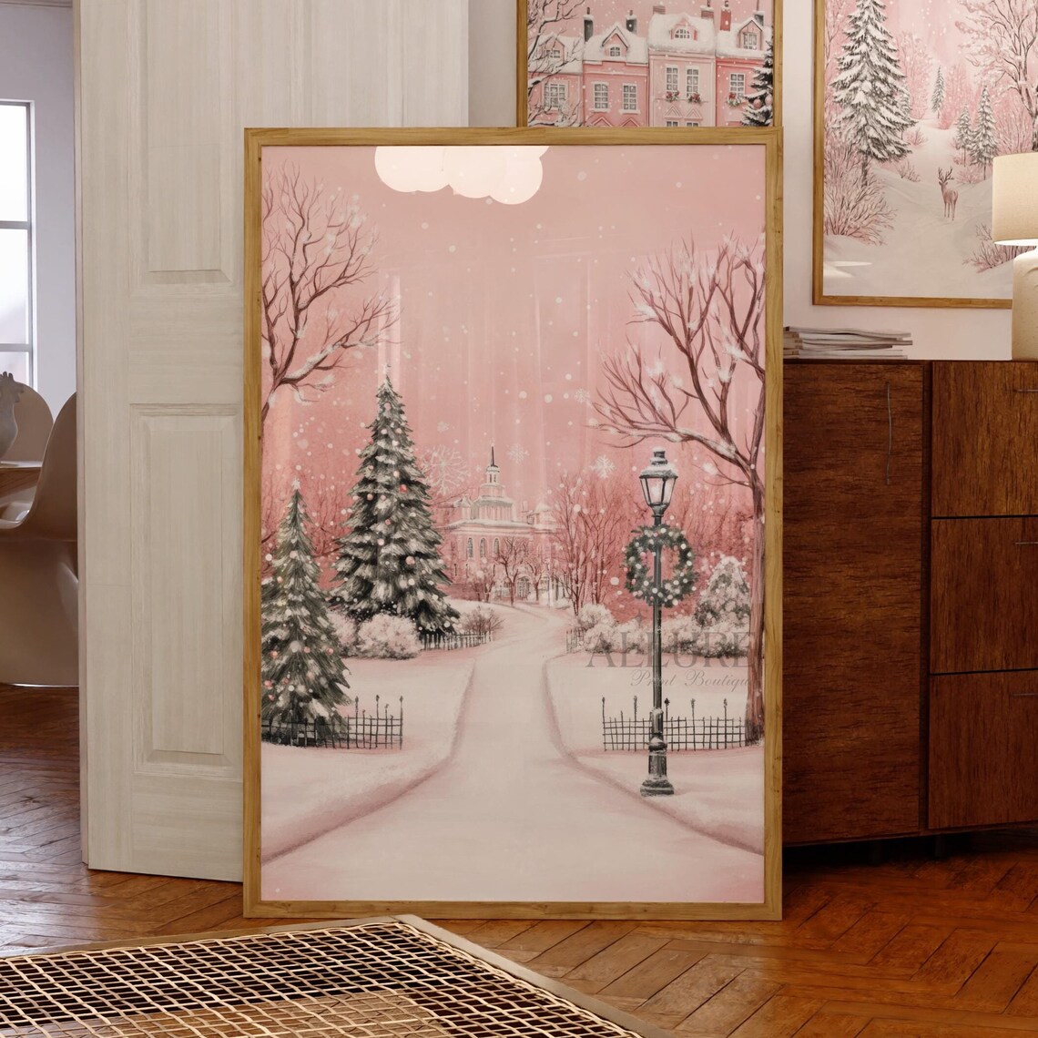 Pink Christmas Village Print, Pastel Holiday Town - Image 4
