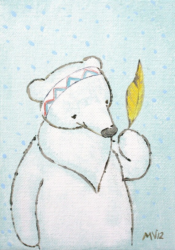 Polar Bear Cub With Yellow Feather Winter Nursery Kids Art Poster